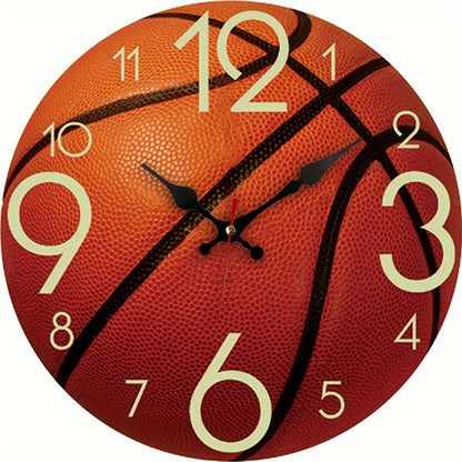 1pc Basketball-Themed Round Wall Clock with Wooden Frame, Silent & Battery-Powered (AA Battery Not Included), Ideal for Bedroom, Living Room, Office, Kitchen, or Bathroom Decor, Sports Room Accent|Basketball Design|Silent Ope