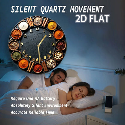 8-Inch Silent Round Wall Clock with Spice & Seasoning Holder - Acrylic Quartz Movement Kitchen Clock with Multicolor Spice Display (Cinnamon, Turmeric, Chili, Peppercorns) & Golden Hands - Battery-Powered (AA Not Included) fo