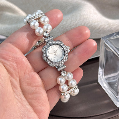 Double-row Imitation Elastic Watch for Women, Light Luxury Flower Zirconia Watch, Bracelet Watch for Women, Hand Watch for Women, Formal Wristwatch, Women'S Watch, Floral Design, Elegant Bracelet, Alloy Case, Quartz Movement,