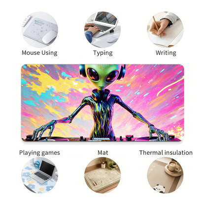 1pc Large Alien DJ Gaming Desk Mat & Mouse Pad - Neon Glow Green/Blue/Pink/Black/Purple, Non-Slip Surface, DJ Turntable Design Computer Accessory for PC/Laptop, Ideal Gift for Gamers & Music Producers