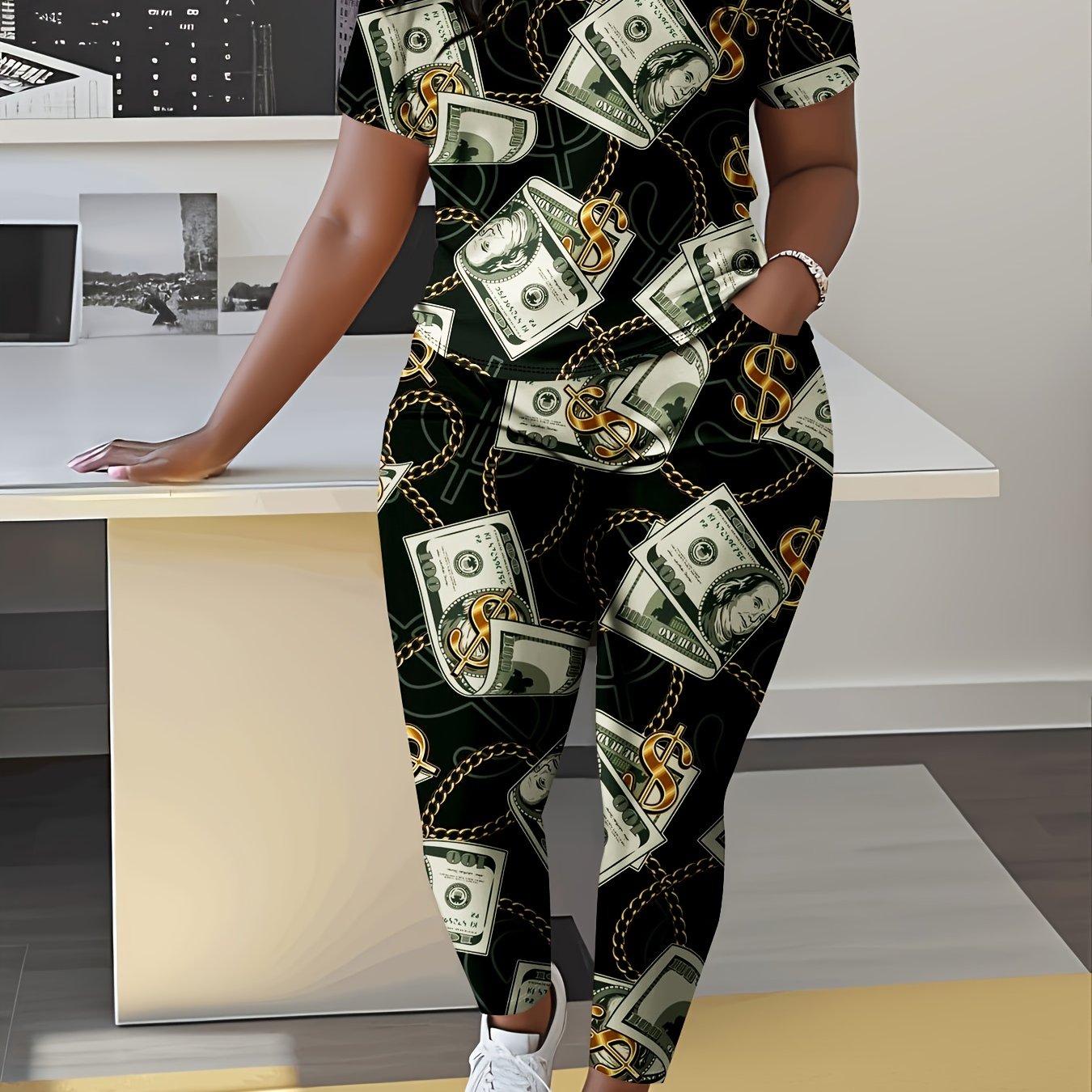 Women's Short-Sleeved Trouser Suit Sets 3d Printed Patterns Casual Suit Women's Short-Sleeved 2pcs Outfits Fall Winter Trouser Suit with Pockets - Short Sleeve, Crew Neck, Straight Leg, Comfortable Daily Wear, Stylish Casualw