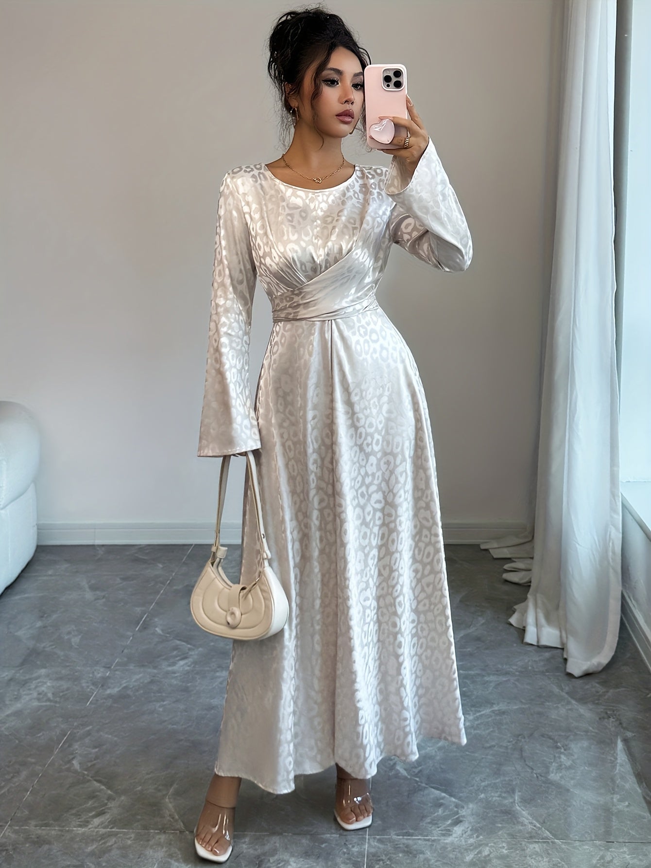 Maxi Dress for Women with Flared Sleeves And a Waist-Cinching Design in Light Golden Satin, Perfect for Evening Parties And Formal Events