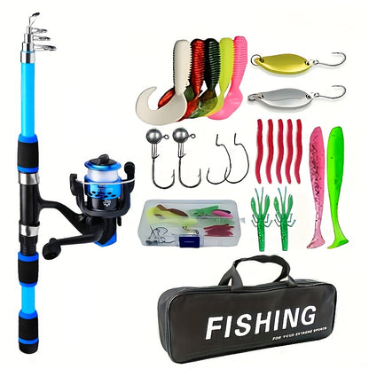 [Portable Fishing Rod Set] Portable All-in-One Fishing Gear Set | Telescopic Fishing Rod with Rotating Reel, Bait Hooks, Travel Case, Storage Bag, Soft Bait T-Shaped Tail Pre-Wound Spool Kit