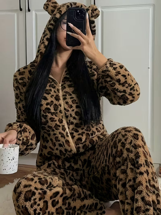 Thickened And Fleece-Lined Onesie for Autumn And Winter, Featuring a Cute Leopard Print with a Hood And Ears, Perfect for Cozy Home Wear