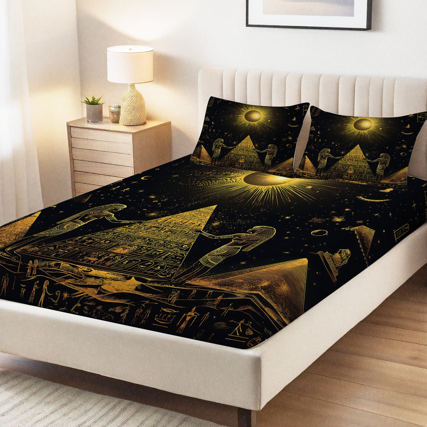 Latacaca 3pcs Golden Egyptian Pyramids Celestial Motif Pattern Fitted Sheet Set, Bedding Set One Fitted Sheet and Two Pillowcases, Pillow Inserts Not Included, Wrinkle Resistant, Fade Resistant, and Machine Washable, A Lightw