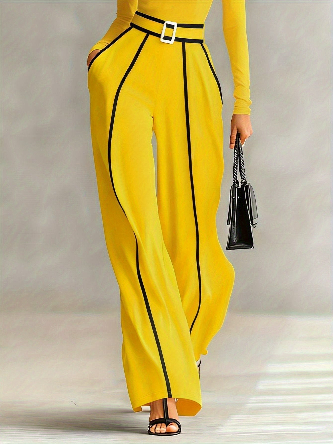 Women's Two-Piece Set: High-Neck Long-Sleeve Top with Contrast Straight-Leg Pants Featuring Pockets and Belt, Elegant and Versatile Design for Autumn/Winter Commuting