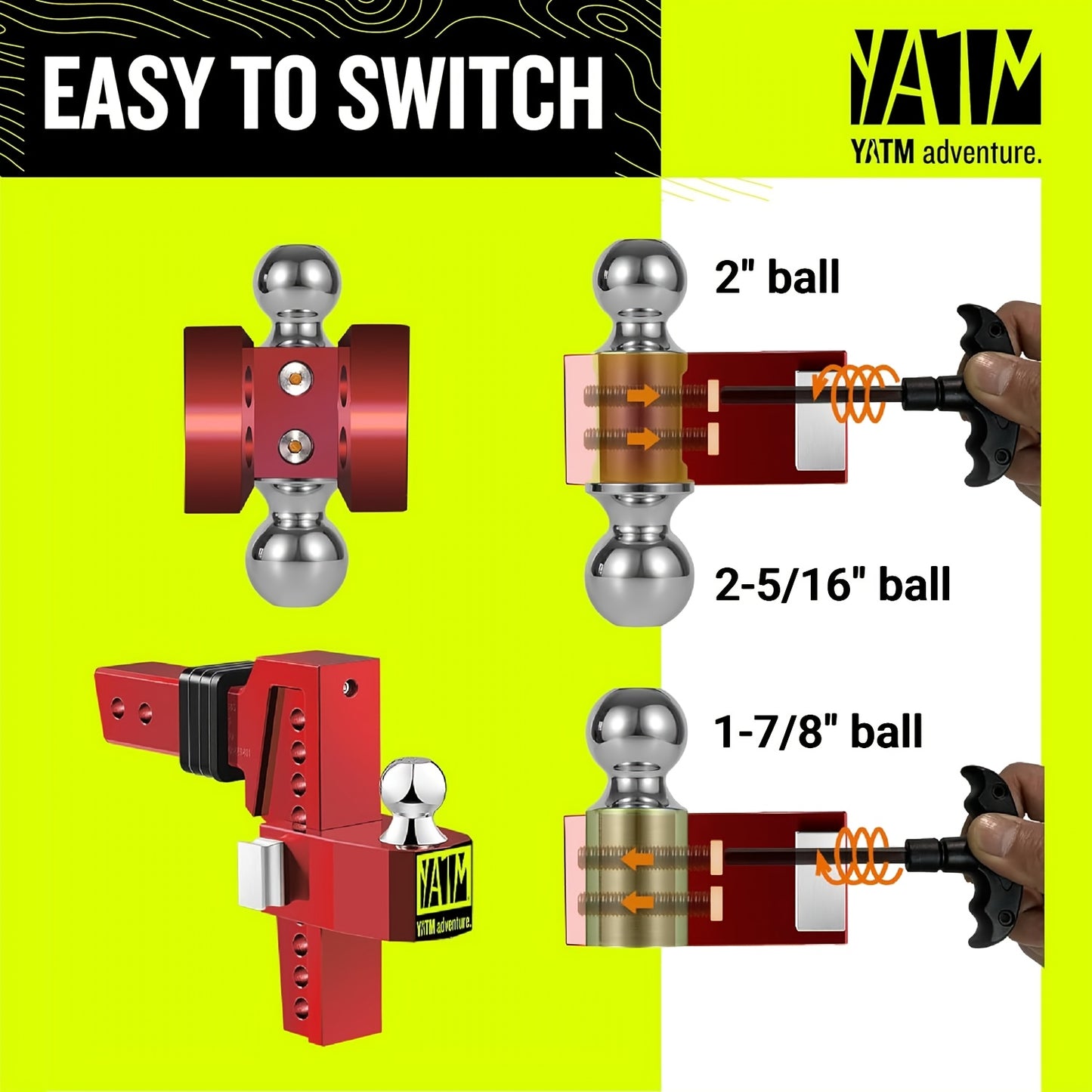 Heavy-Duty Adjustable Trailer Hitch - Fits 2.5" Receiver, 8" Drop/Rise, 1-7/8" & 2" & 2-5/16" Balls, 18, 500 LBS GTW Capacity, Anti-Theft Pin, Aluminum Construction - Compatible with Trucks, RVs, Trailers - Red Hitch for Easy