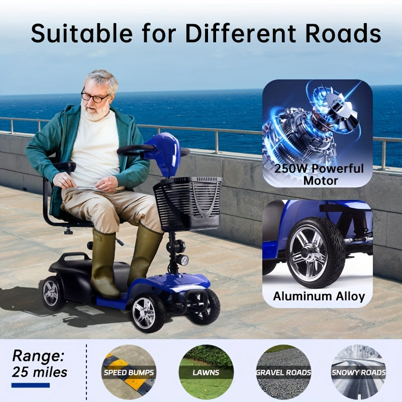 Mobility Aids for The, Four-wheel Foldable Mobility Scooters for Adults, 250w 12V, 12ah 15 Mile Long Range, with LED Headlights And A Detachable Storage Basket. Comes with A Tool Kit, Charger, And Instruction Manual.