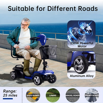 Mobility Aids for The, Four-wheel Foldable Mobility Scooters for Adults, 250w 12V, 12ah 15 Mile Long Range, with LED Headlights And A Detachable Storage Basket. Comes with A Tool Kit, Charger, And Instruction Manual.