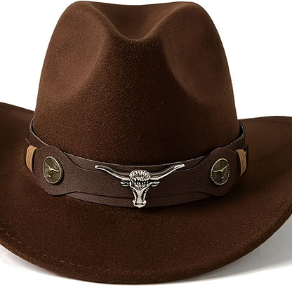 Western Cowboy Hat with Bull Skull Emblem - Wide Brim Tweed Polyester, Brown & Tan, Hand Wash Only for Weddings, Parties, Halloween, Christmas, Thanksgiving, New Year's Eve, Cowboy Accessories, Festive Headwear, Rustic Style,