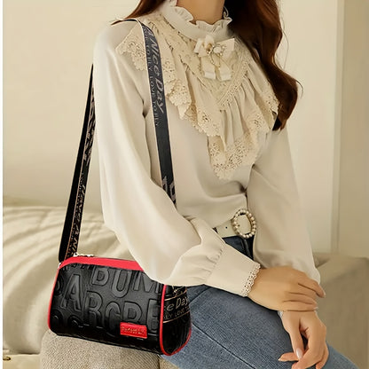 Casual  Crushed Lettering Handbag with Adjustable Strap & Zipper Closure - / Solid Color Multi-layer Shoulder Purse, Durable for,, Shopping