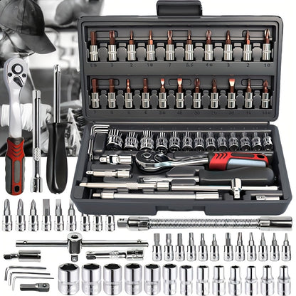 High-end Professional 45+1/44+2pcs Tool Set, Auto/bicycle Repair Machinery Kit, 1/2 Inch *1/4 Inch 3/8 Inch Drive Depth And Standard Wrench Set, Race-grade Auto Parts Repair Ratchet Wrench And Other Auto Repair Accessories To