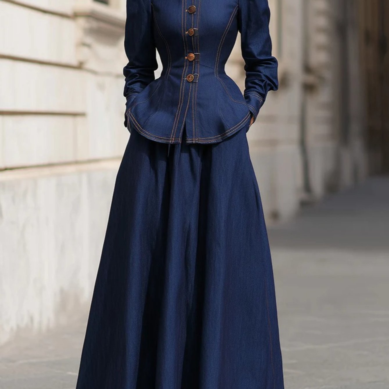 2pcs Set: Navy Blue Waist-Defining Top + Full-Skirted Long Dress | Women'S Retro-Chic, Elegant Pieces Perfect for Casual Dates, Urban Strolls, Exploring Artsy Spots, And Spring/Fall Outfits