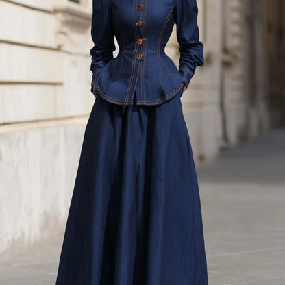 2pcs Set: Navy Blue Waist-Defining Top + Full-Skirted Long Dress | Women'S Retro-Chic, Elegant Pieces Perfect for Casual Dates, Urban Strolls, Exploring Artsy Spots, And Spring/Fall Outfits