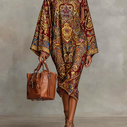 Women's Winter Dress - Vintage High Neck Long Sleeve Midi Length Dress with Mysterious Print, Loose Fit Commuter Style, Machine Washable Elegant Outerwear for, & Semi-Formal Events (Non-)