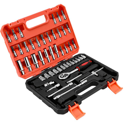 A Collection of 53 Mechanical Tool Kits, Including 1/2" And 1/4" Drive Depth And Standard Sockets, Ergonomic Handles, Ratchet Wrenches, Tools for Automotive And Bicycle Repairs, As Well As Household Maintenance Tools.