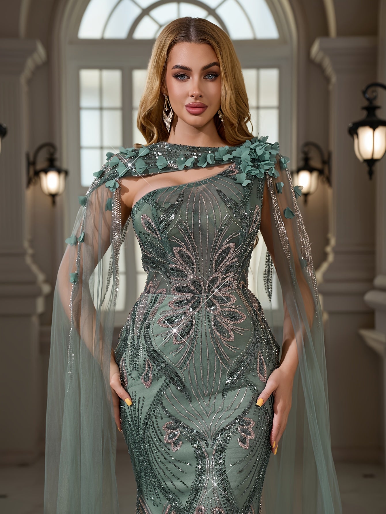 Elegant Sequined Beaded Embroidered Lace - Bodycon Mermaid Dress - with 3D Flower Applique | Crew Neck - Extra-long Train - Suitable for Parties, Weddings, and Banquets