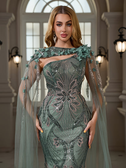 Elegant Sequined Beaded Embroidered Lace - Bodycon Mermaid Dress - with 3D Flower Applique | Crew Neck - Extra-long Train - Suitable for Parties, Weddings, and Banquets
