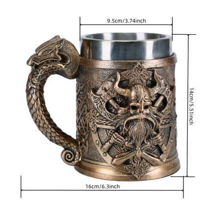 A Viking relief mug, a medieval European Viking beer mug made of stainless steel, with a large capacity of 20.3oz, a powerful Viking warrior coffee cup, a bar specialty cup, and a gift giving for daily life