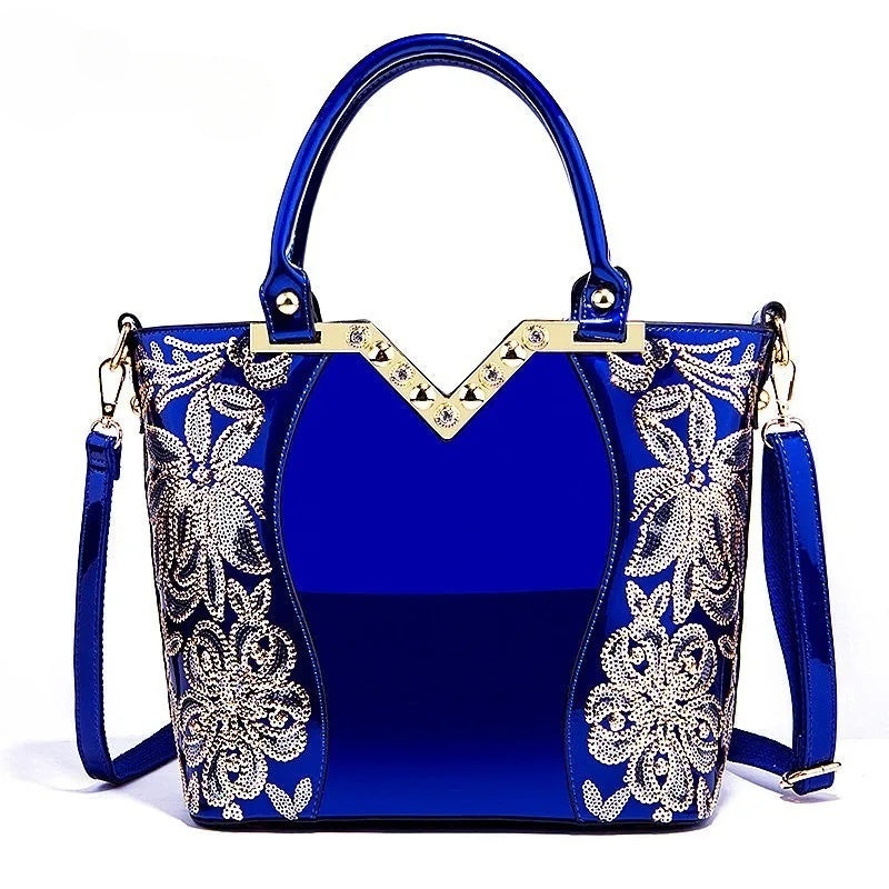 Designer Floral Embroidery Patent Leather Handbag for Women, Large Capacity Shoulder Tote with Zipper Closure, Polyester Lined, Paint Detail, Party Bag