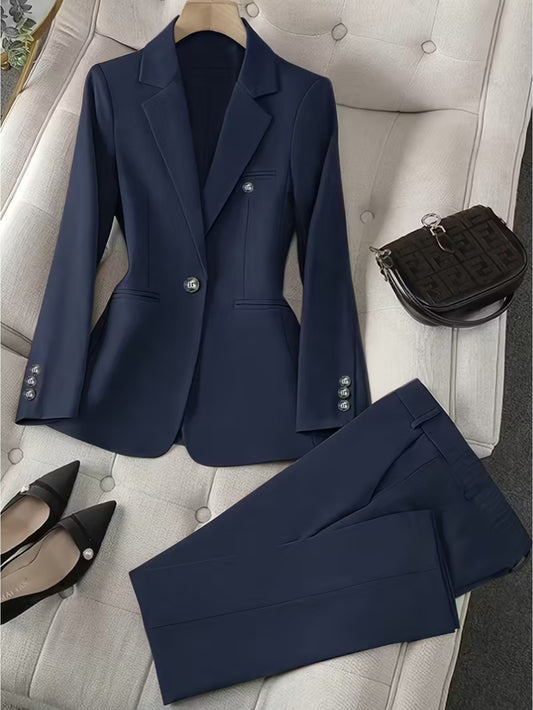 2pcs Navy Blue Waist-Defining Suit with Straight-Leg Pants | Women'S Retro-Inspired Sharp Style with Metal Button Detailing, Perfect for Workplace Commutes And Formal Business Settings.