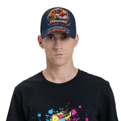 Dark Blue-Orange Football Wolf Player Flame Graphic Fan Baseball Cap - 100% Polyester Breathable Adjustable Comfort Cap