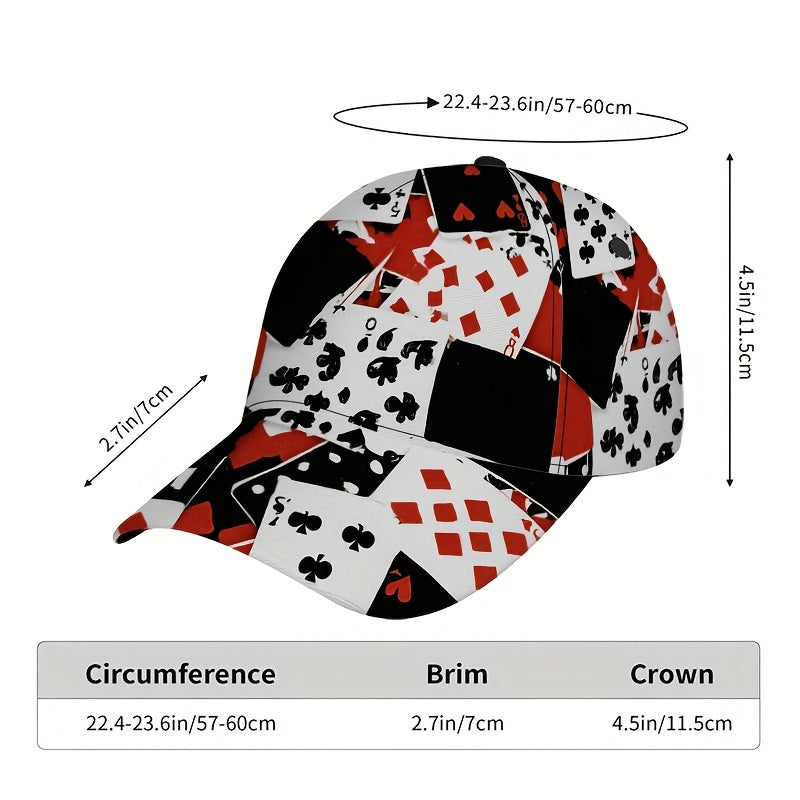 1pc Card Chaos Print Classic Baseball Cap - Lightweight Adjustable Duckbill Hat with Playing Card Symbols (Hearts, Spades,), Breathable Textile Fabric for Casual & Outdoor Activities, Mixed Colors, Adjustable Baseball Cap, Le
