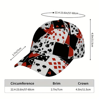 1pc Card Chaos Print Classic Baseball Cap - Lightweight Adjustable Duckbill Hat with Playing Card Symbols (Hearts, Spades,), Breathable Textile Fabric for Casual & Outdoor Activities, Mixed Colors, Adjustable Baseball Cap, Le