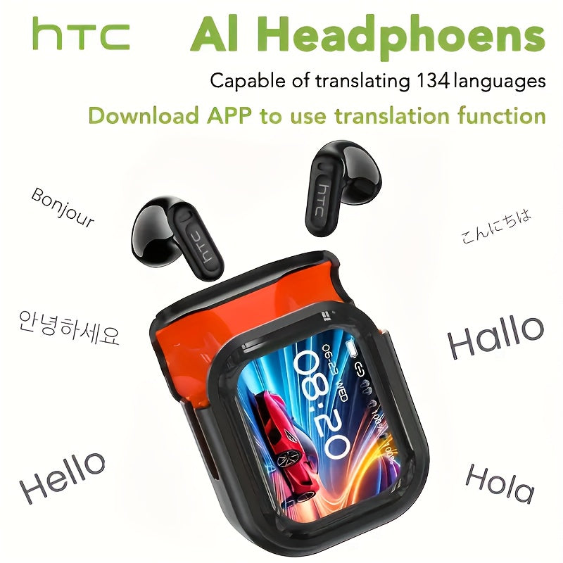 HTC NE20 AI Wireless Translation Earbuds, Supports 134 Languages, HD LED Display & High-Fidelity Sound Quality. Suitable for Office, Exercise, Learning & Voice Calls – Built-in
