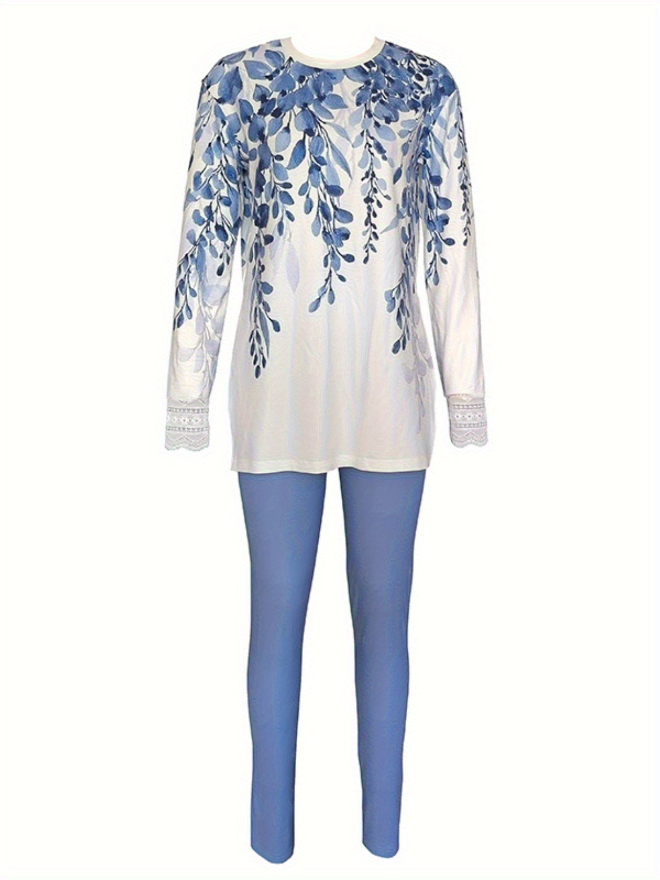 Women's Round Neck Printed Slit Long Sleeve Top& Long Pants Set- Casual Loungewear Outfit