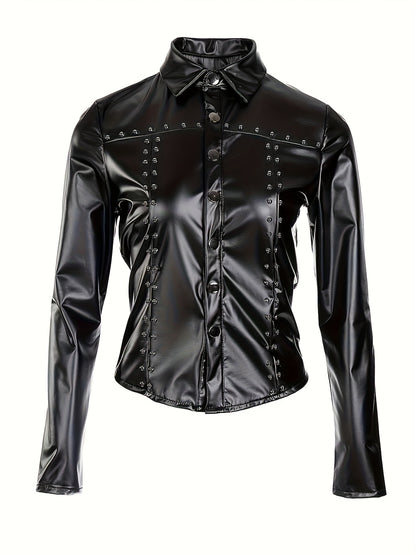 Women'S Elegant Studded Jacket, Polyester 97% Spandex 3% Stretch, Solid Color, Lapel Collar, Spring/Summer Fashion, Non-Textile Weave, Adult Fit