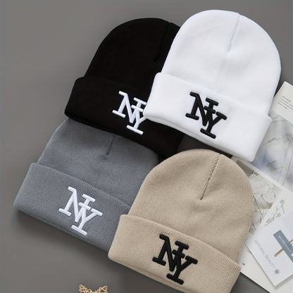 Unisex Winter Beanie Hats - 3-Pack Solid Color - Knitted Warm Outdoor Caps with Embroidered NY Logo - Hand Washable - Black