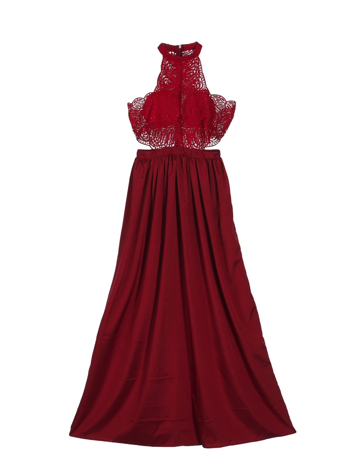 Women Hollow Out Lace Halter Dress, Crochet High Waist Pleated Maxi Dress Wedding Party Dress