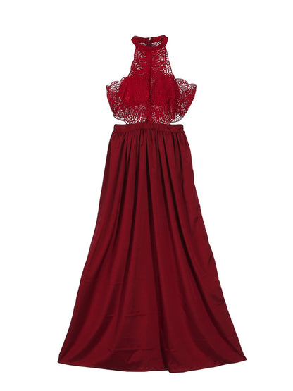 Women Hollow Out Lace Halter Dress, Crochet High Waist Pleated Maxi Dress Wedding Party Dress