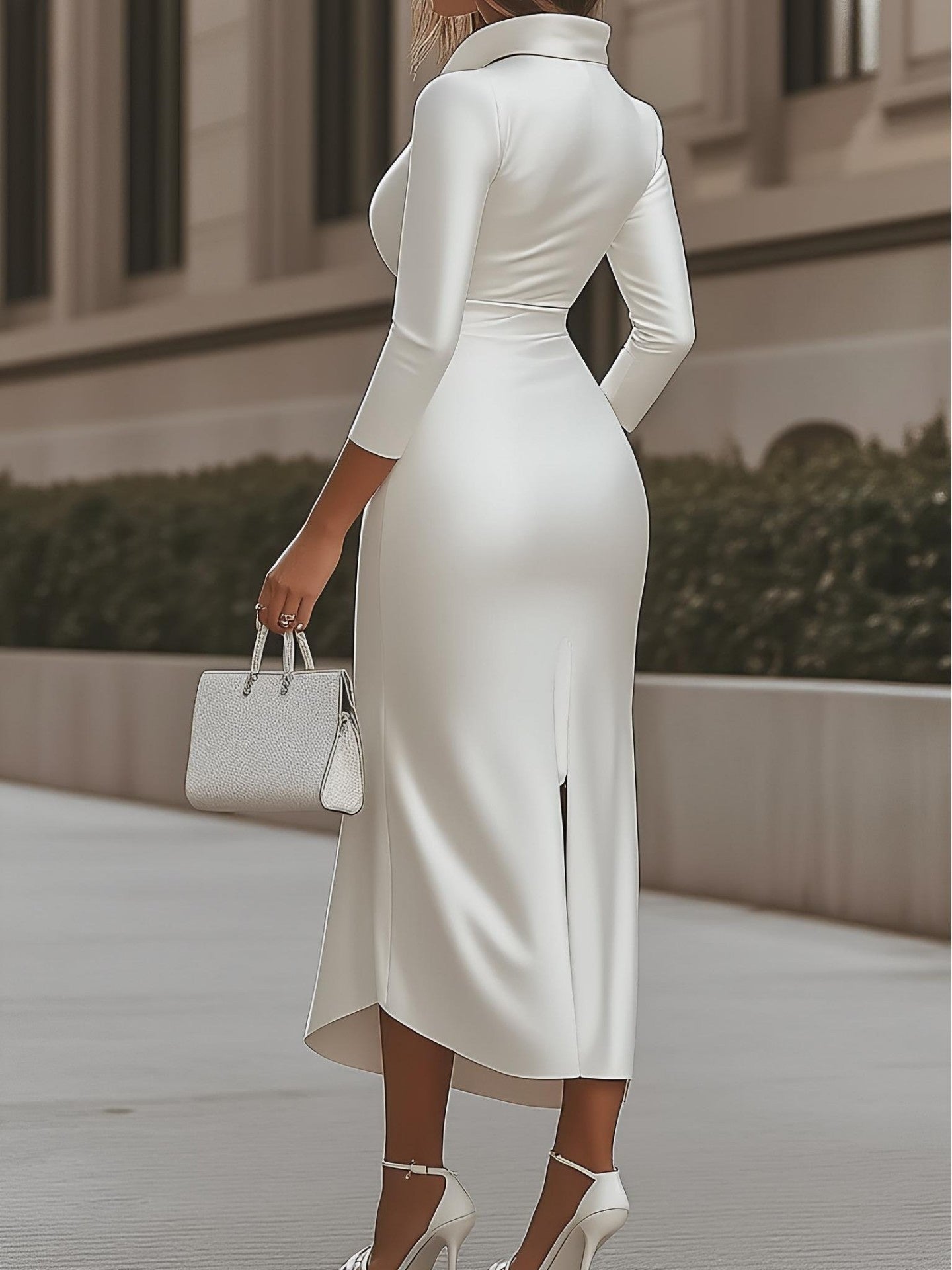 White Satin Deep V - neck Dress, Autumn & Winter Mid - sleeve High - waist Style, Asymmetric Hem, Suitable for Workplace Commute & Dinners