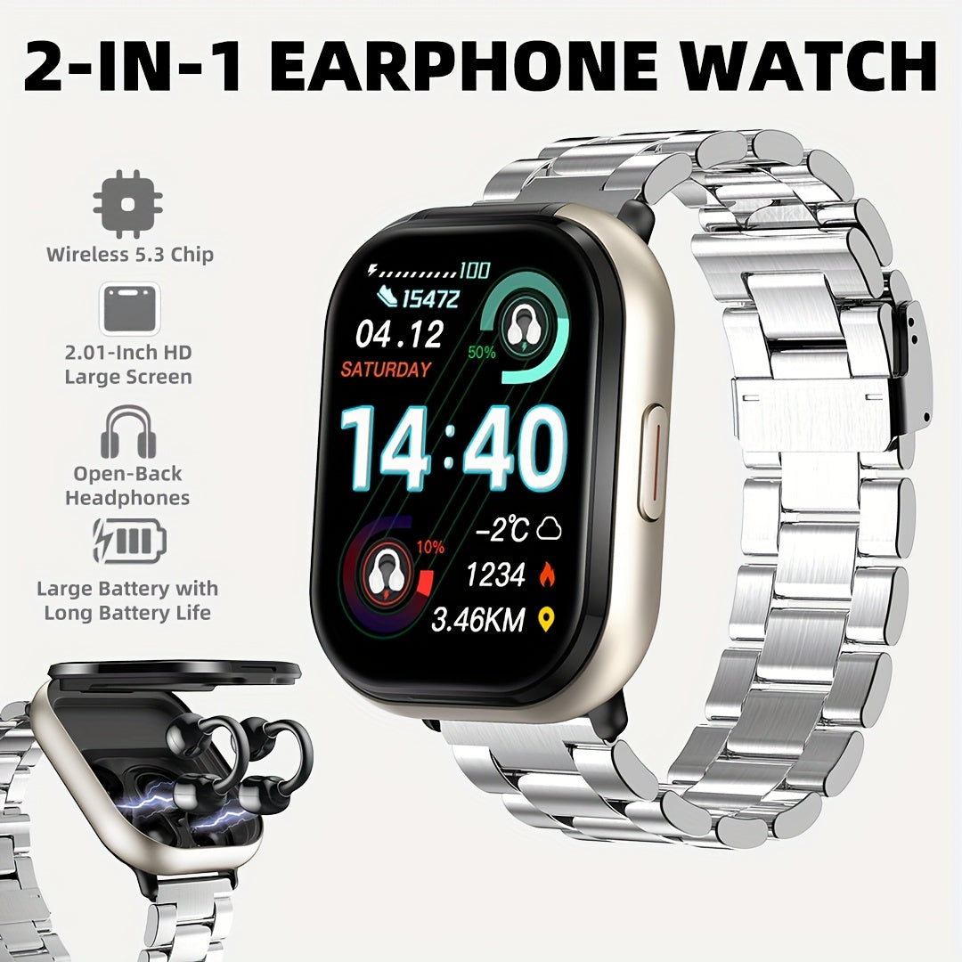 New 2-in-1 Multifunctional Smartwatch with Steel Strap, Black/Silver 2 Colors Available, Supports Call Reception, 2.01-Inch HD Screen, TWS Wireless Earbuds