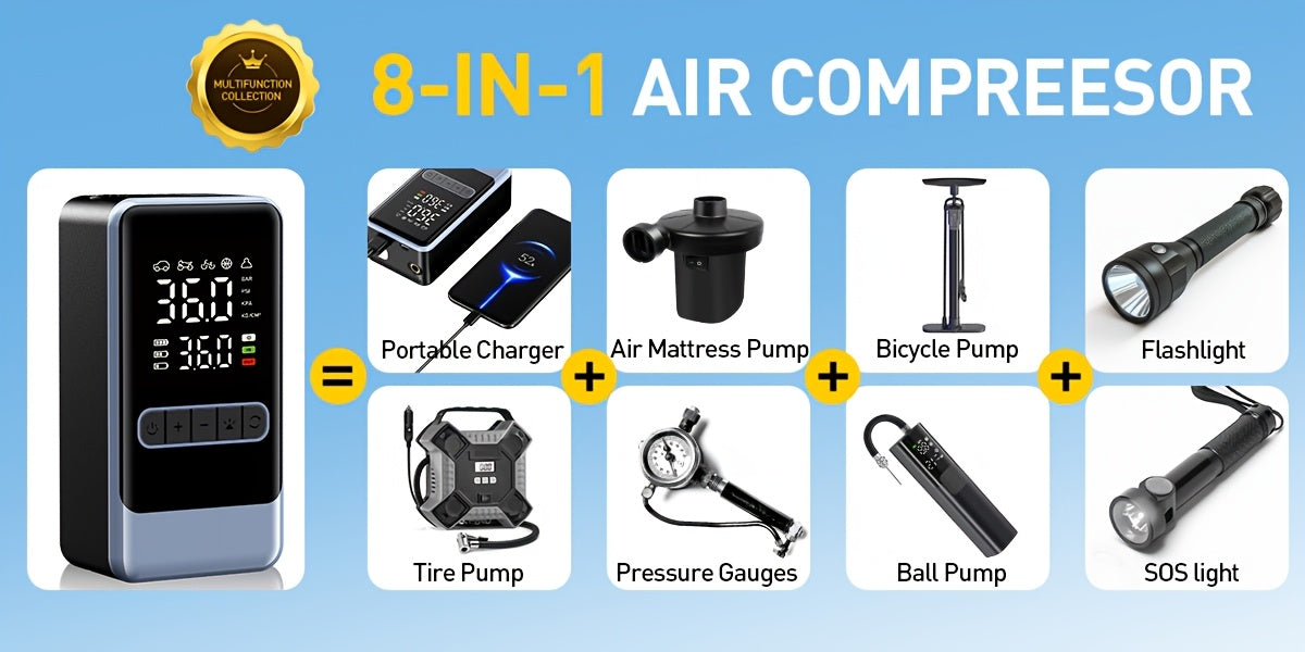 Tire Inflator Portable Air Compressor, Portable Air Compressor with Digital Gauge & LED Light, USB Rechargeable, 3X Fast Inflation, for SUV Cars Bikes Motorcycles & Sports Equipment And Ball, Black Friday Christmas 2026 New Y