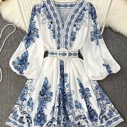 Women's Vintage Palace-Inspired Floral Print A-Line Dress with Lantern Sleeves & Adjustable Waist Tie - V-Neck Long Sleeve Loose Fit Maxi Dress for Spring/Fall, Machine Washable, Cute Dresses