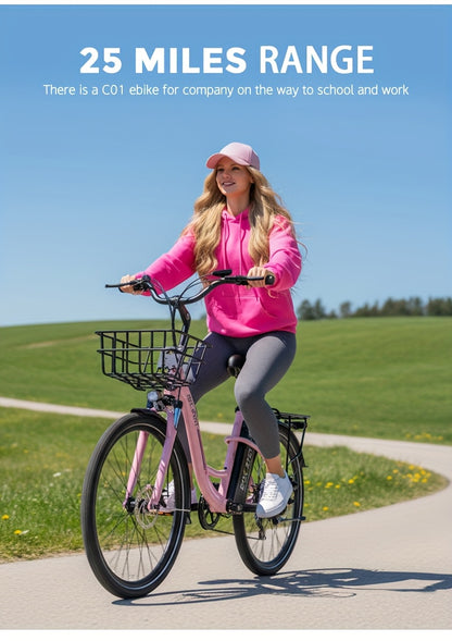Sakura Pink Electric Bike for Adults, 500W Motor 7-Speed Commuter Ebike with 36V/10.4Ah Removable Battery, 20 MPH & 25-40 Miles Range, 24 Inch Electric Bike, Beach Cruiser Ebike for Women, Students & Commuters, Electric Bike