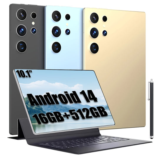 2025 Smart Tablet 10.1-inch 2K Display 120Hz Dual SIM5G 16MP+32MP Dual Camera 16GB RAM, 512GB ROM WIFI Android 14 Core Processor Type-C Fast Charging 10000mAh Battery with Keyboard And Touchpen, Best Gift for Holidays And Bir