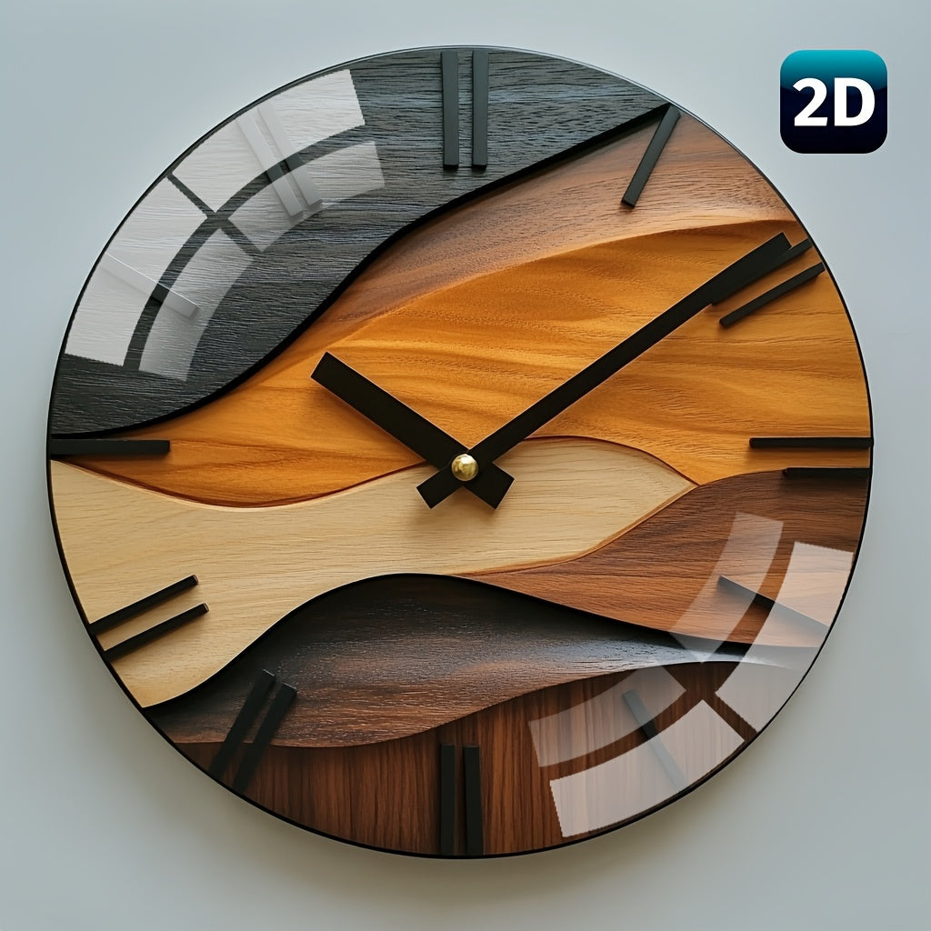 [Artistic Wall Clock] 12-inch Artistic Round Glass Wall Clock, Silent Non-Ticking High Quality Movement, 3mm Thickened Steel Tempered Glass, Faux Wood Grain Nordic Style with Corrugated Design | 1pc, Living Room Bedroom Home