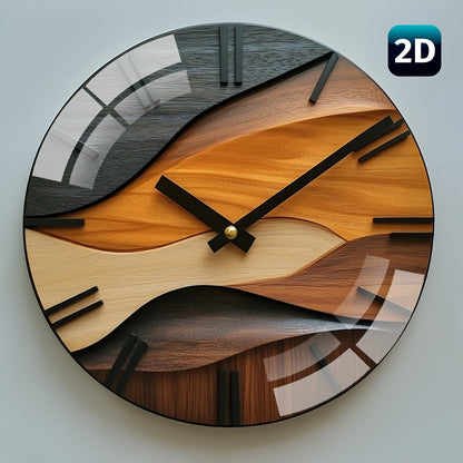 [Artistic Wall Clock] 12-inch Artistic Round Glass Wall Clock, Silent Non-Ticking High Quality Movement, 3mm Thickened Steel Tempered Glass, Faux Wood Grain Nordic Style with Corrugated Design | 1pc, Living Room Bedroom Home