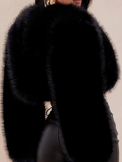 Party Club Holiday Night Out - Women's Warm Faux Fur Fuzzy Plush Coat Top - Black Shaggy Cropped Short Jacket - Y2K Streetwear Outerwear