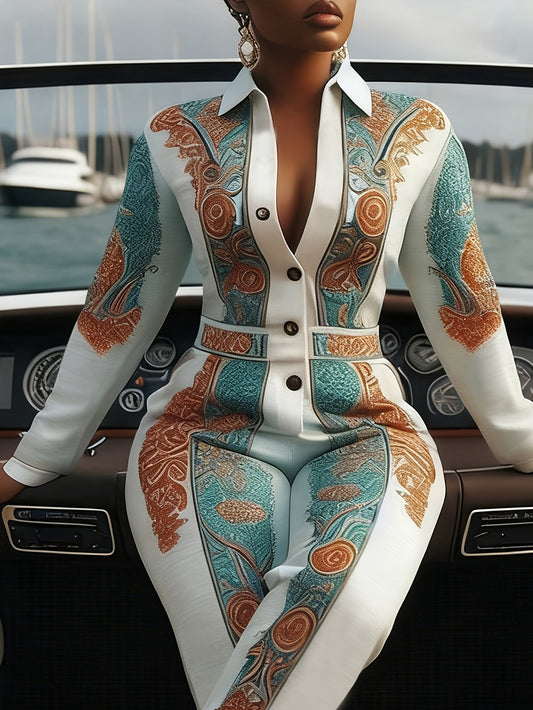 Urban Casual Ethnic Style Pattern Shirt-style Jumpsuit