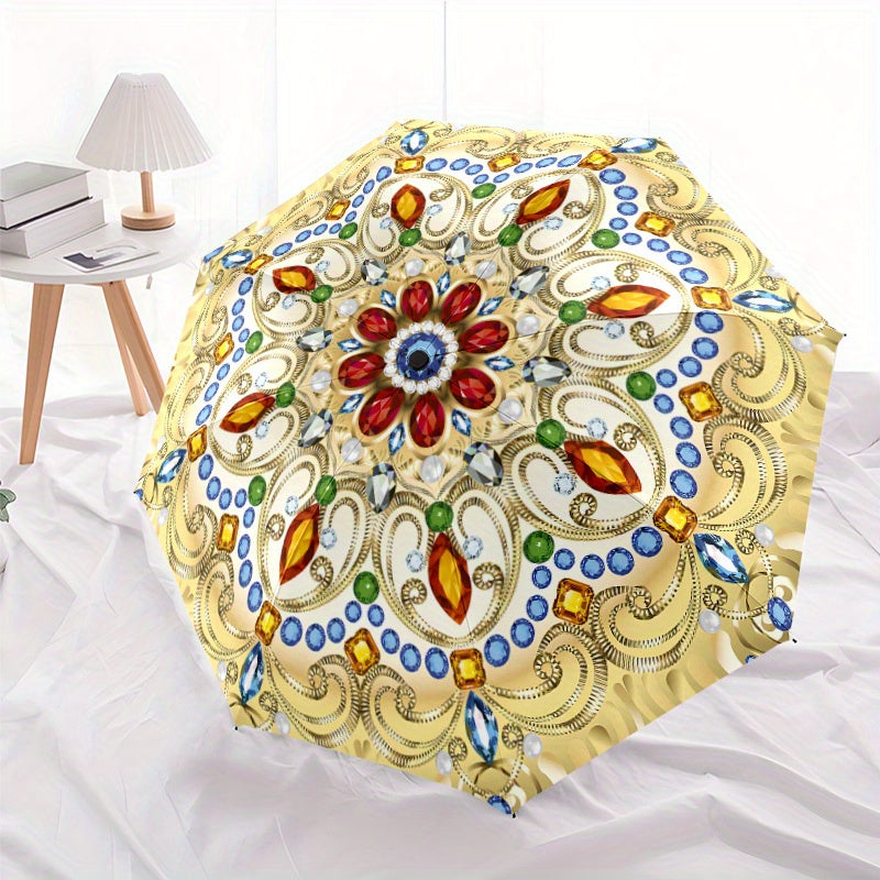 Automatic Open/Close Umbrella with Floral Pattern - Elegant Golden, Blue, Red, Green, White, Black, - Compact Folding Design, All-Season Portable Umbrella for Women & Men, Ideal Gift for Birthdays, Anniversaries, Travel - Aut