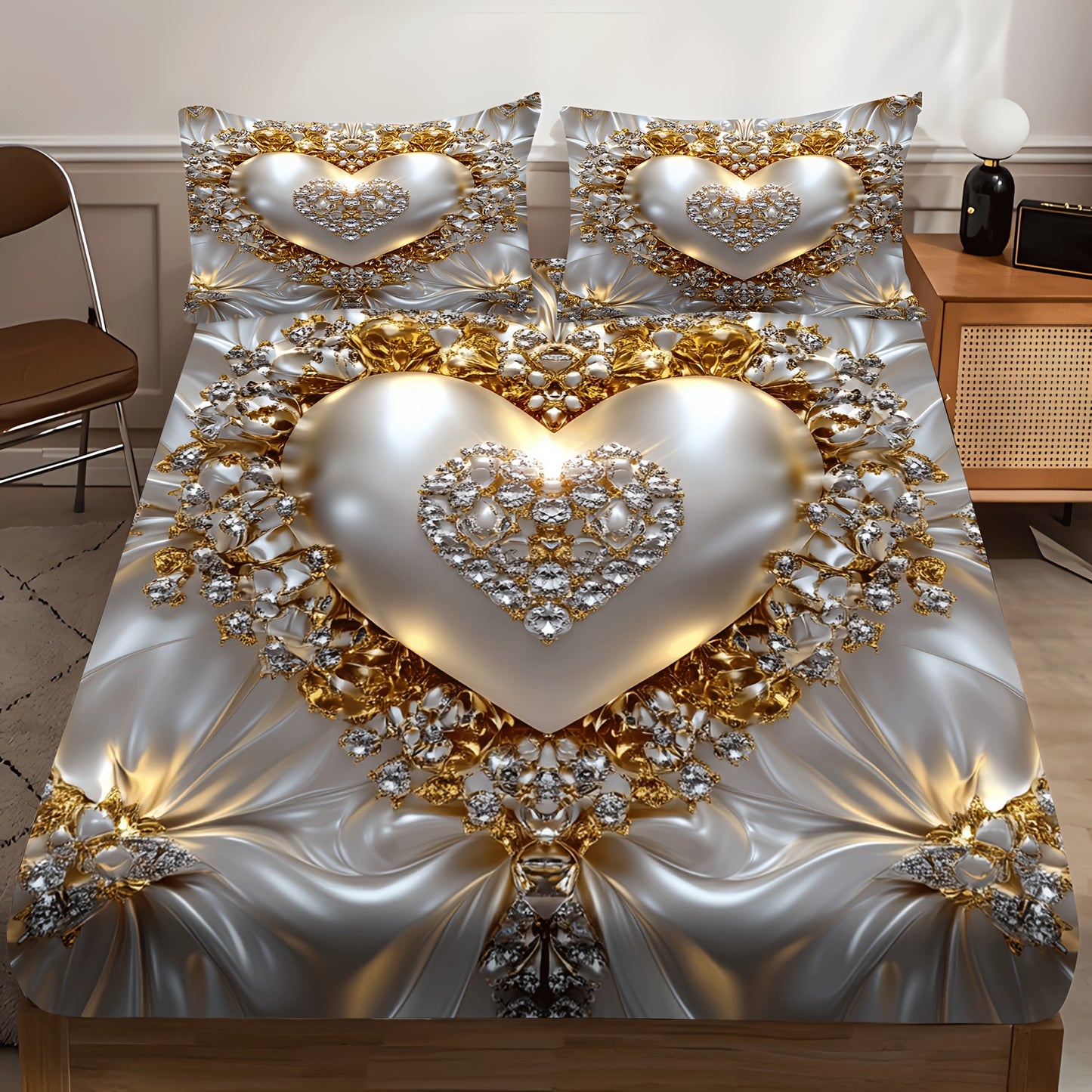 3pcs Heart Jewel Print Fitted Sheet Set, Golden Heart with Gemstones, Breathable Polyester, Machine Washable for All Seasons Ideal for Bedroom Guest Room Master Suite and More Includes 1 Fitted Sheet and 2 Pillowcases No Matt