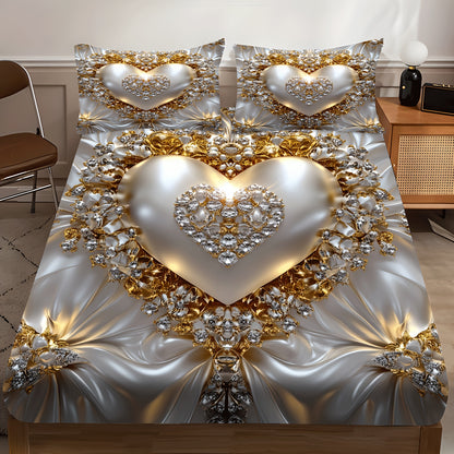 3pcs Heart Jewel Print Fitted Sheet Set, Golden Heart with Gemstones, Breathable Polyester, Machine Washable for All Seasons Ideal for Bedroom Guest Room Master Suite and More Includes 1 Fitted Sheet and 2 Pillowcases No Matt