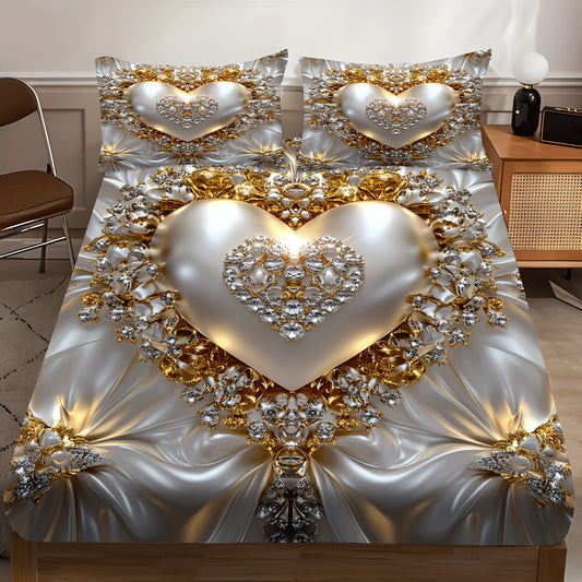 3pcs Heart Jewel Print Fitted Sheet Set, Golden Heart with Gemstones, Breathable Polyester, Machine Washable for All Seasons Ideal for Bedroom Guest Room Master Suite and More Includes 1 Fitted Sheet and 2 Pillowcases No Matt