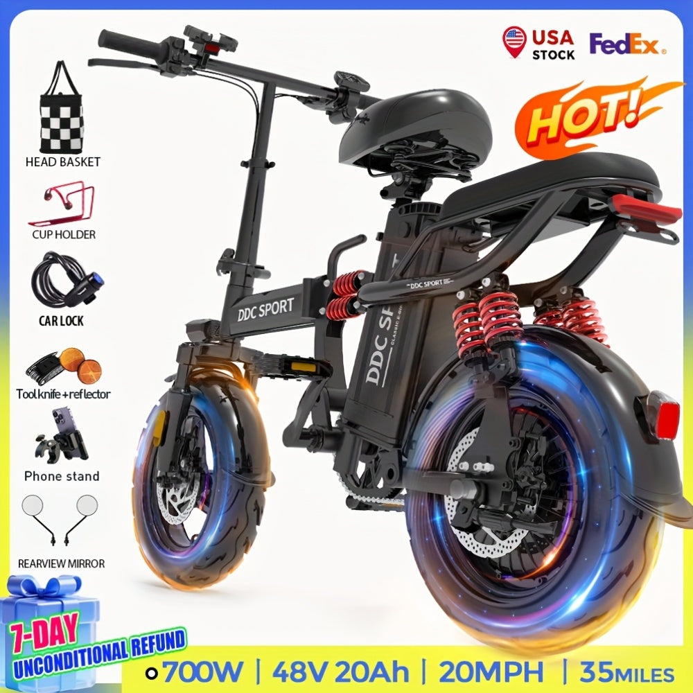 Discover Without Limits: 700W Collapsible Electric Bicycle for Grown-Ups. Reach Speeds of 20MPH And Travel Up to 35 Miles on a 48V Battery. Conquer 25° Inclines, Support Up to 385 Pounds, And Enjoy a Comfortable Ride with Ef
