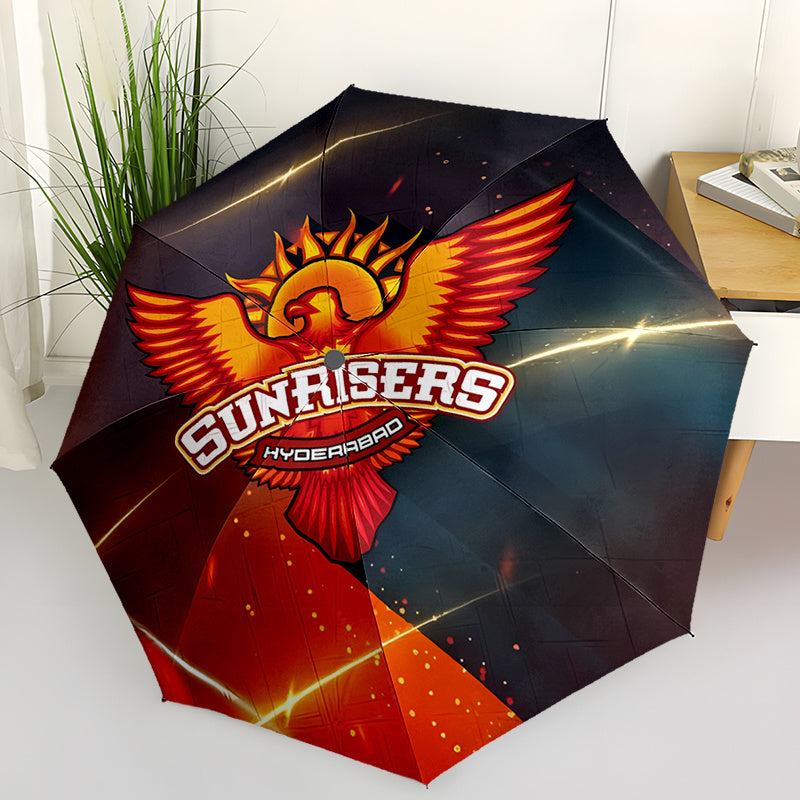 Sunrisers Hyderabad Team-Themed Automatic Folding Umbrella - 8-Rib Durable Design, Windproof & Portable Travel Umbrella with Vibrant Logo, Ideal for Holiday Gifts, Black with Red & Yellow Accents, Travel Umbrella | Team Theme